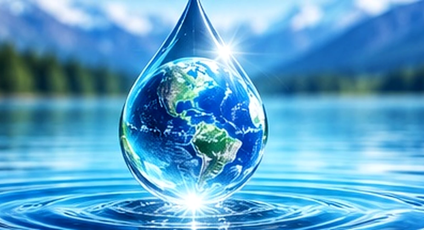 Pure water being poured into a clear glass with polished stone and plant imagery